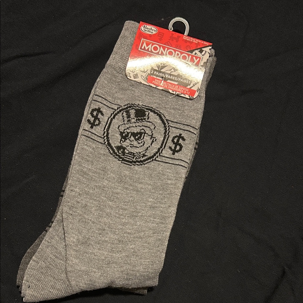 Monopoly Gray 6-12 Socks by Hasbro 2 Pair Money Bags